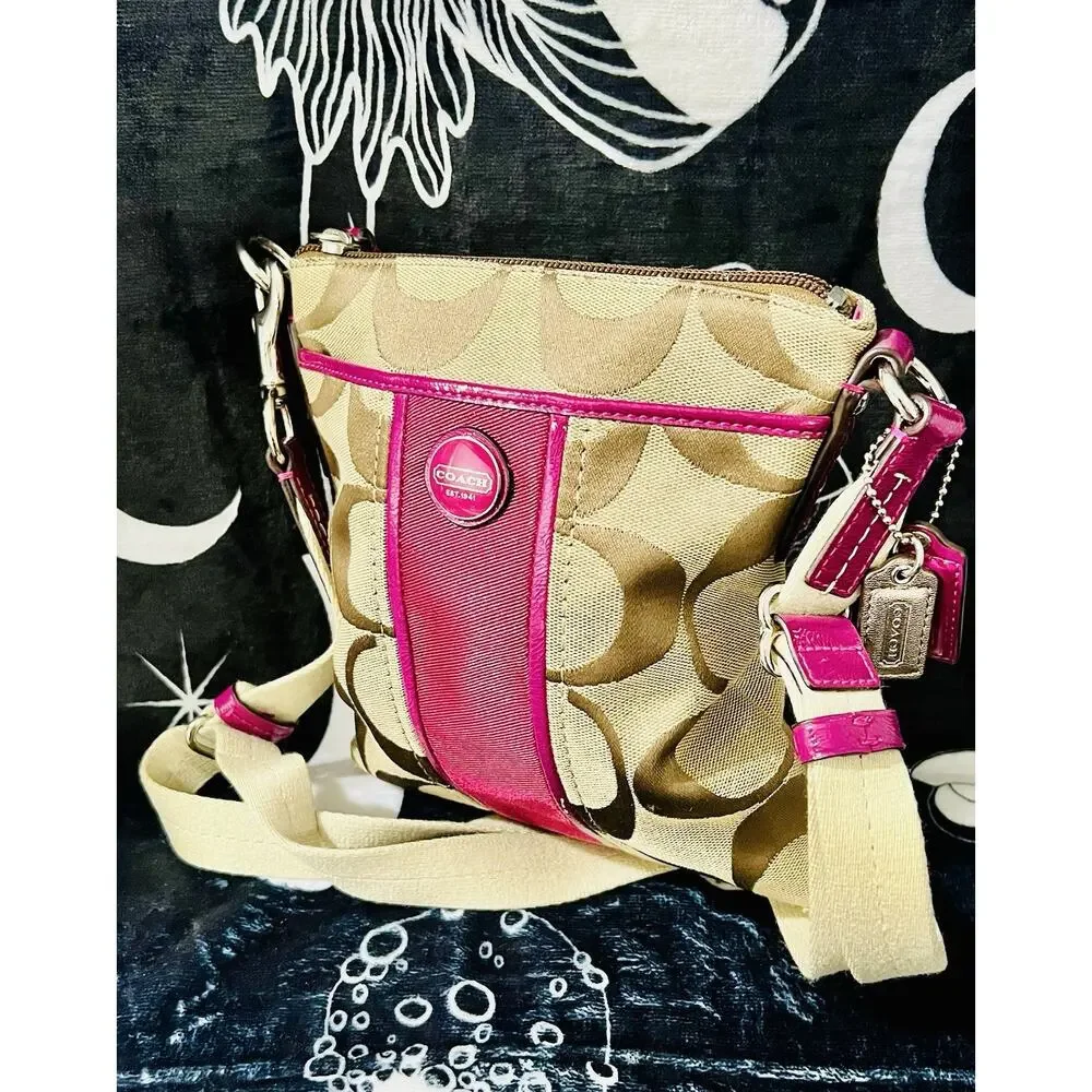 Coach F48806 Signature Stripe Swingpack Crossbody Khaki Passion Berry
